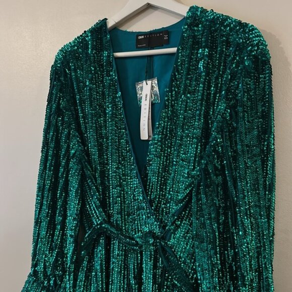 Asos Edition Sequin Wrap Long Sleeve Tie Waist Mini Dress in Teal Green - Picture 6 of 13